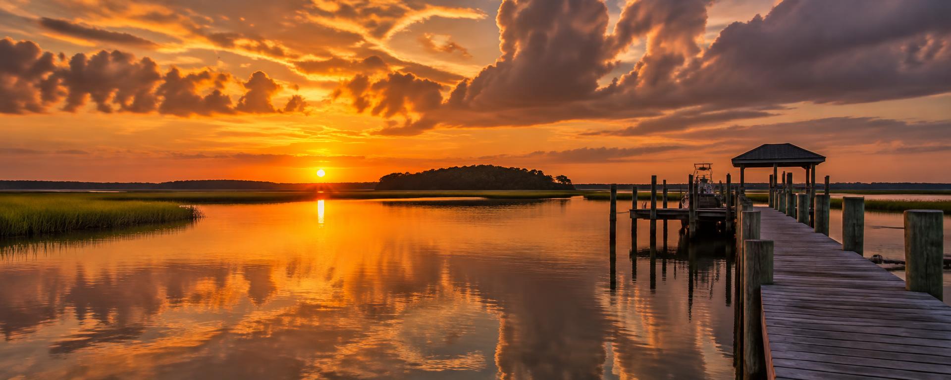 Sunset over the marsh waterway at Sullivan's Island