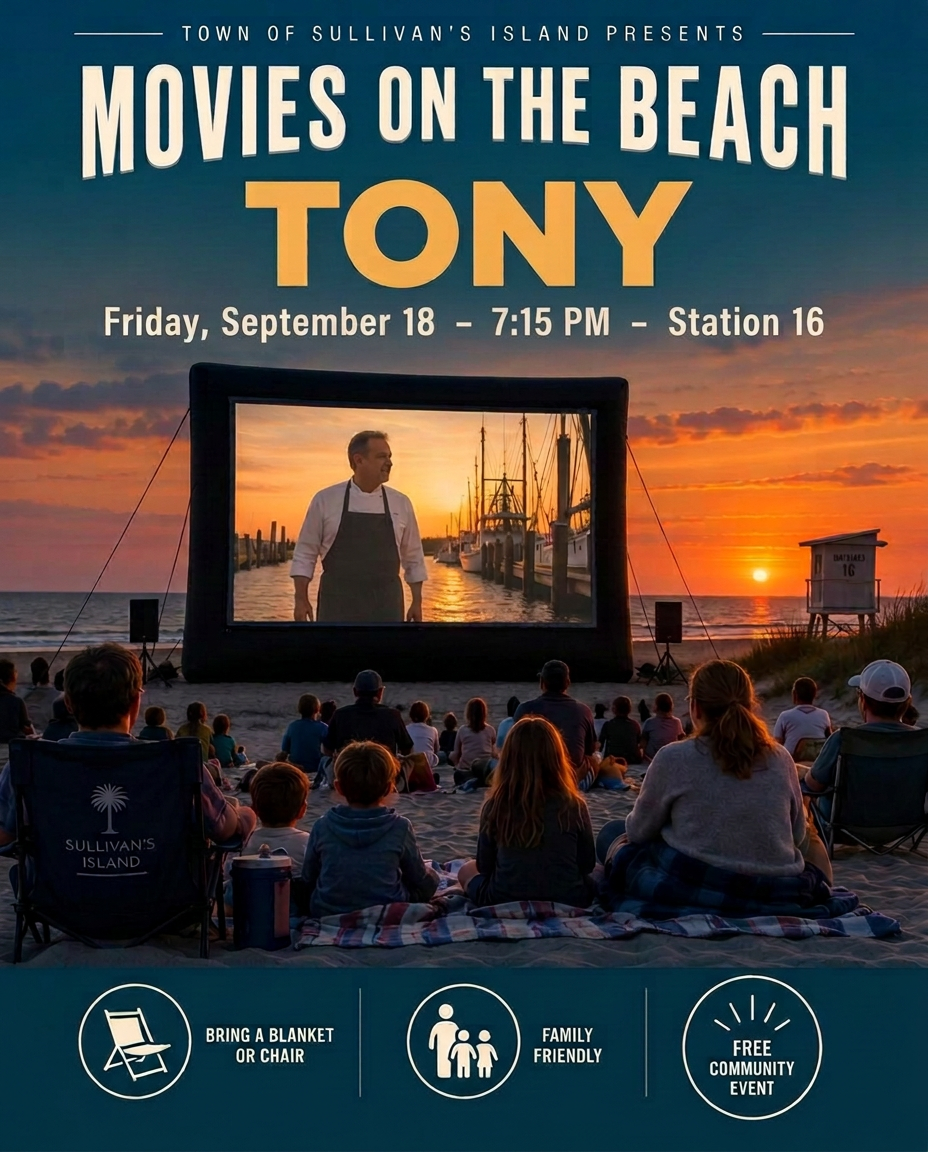Movies on the Beach flyer for a screening of Tony at Station 16